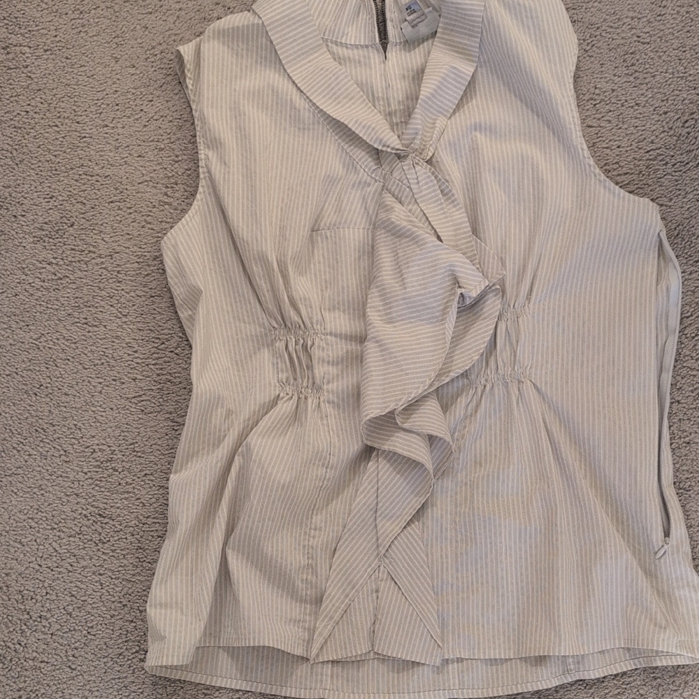 Worthington Sleeveless Ruffle Front Stripe Blouse - Light Blue & White